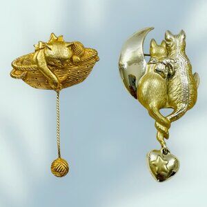 VTG 2 Cat Lover Brooches MCM JJ Cat Playing w/Yarn, AJC Cats Crescent Moon Heart